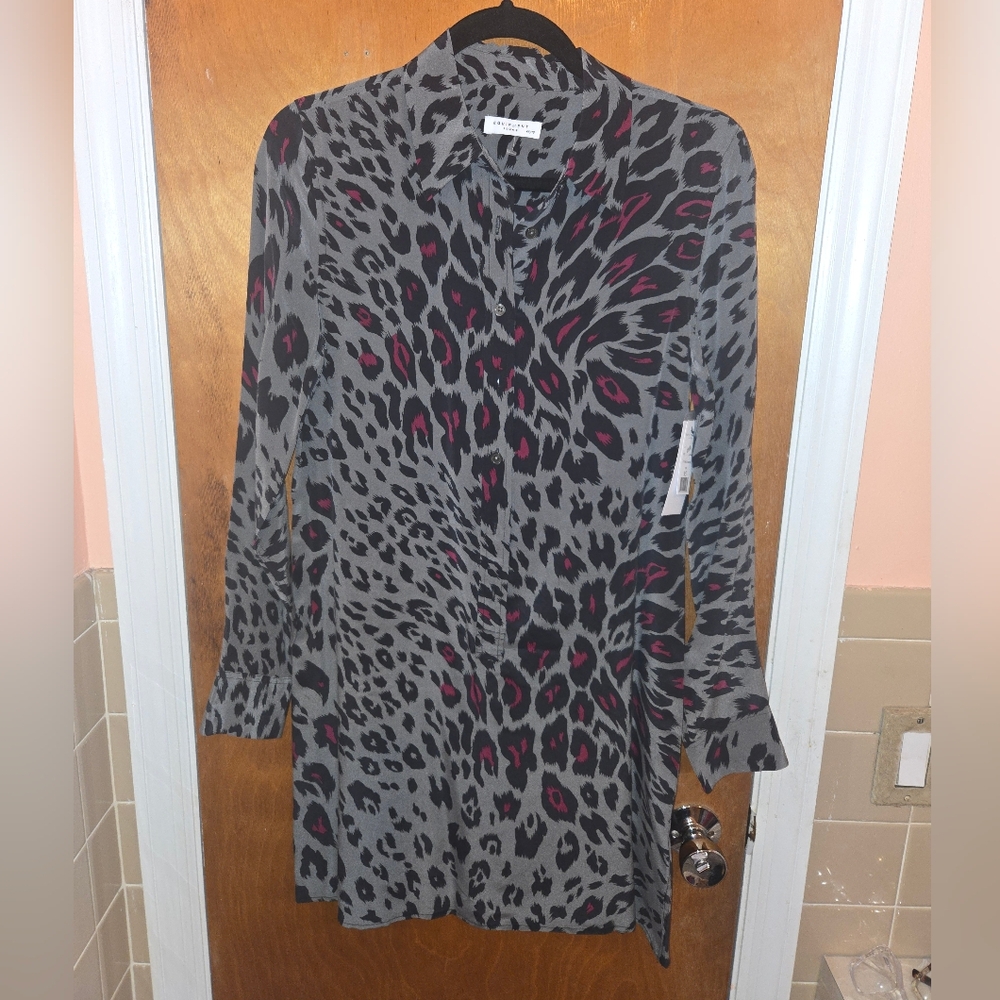 NWT Equipment Femme Lucinda Leopard Print 100% Silk Dress In Gunmetal